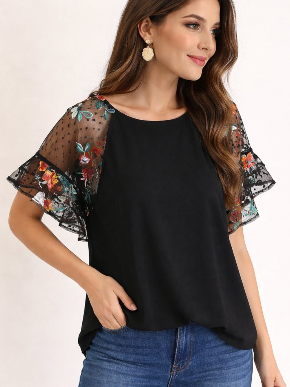 UMGEE Floral Embroidered & Layered Ruffle Sleeve Top Shirt Blouse Women's Medium